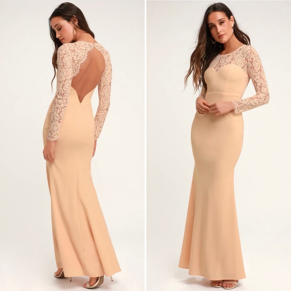 Lulus Blush Pink Nude Lace Maxi Dress Long Sleeve Sexy Open Back Mermaid Skirt S